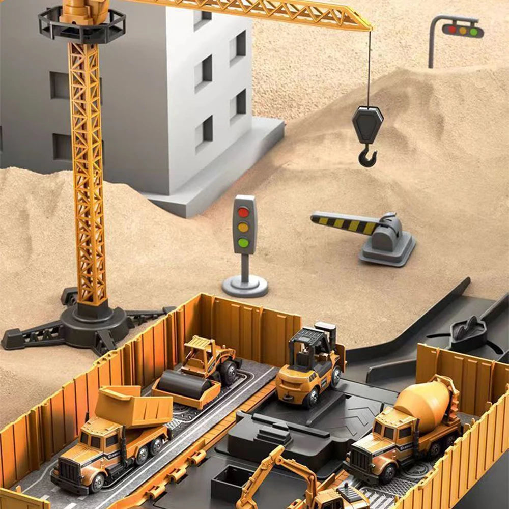 Alloy Engineering Container Truck Diecast Construction Vehicle Excavator Crane Bulldozer With 6 Mini Car Model Children Toy