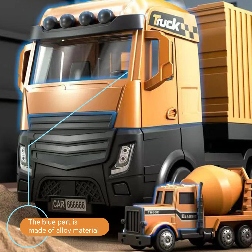 Alloy Engineering Container Truck Diecast Construction Vehicle Excavator Crane Bulldozer With 6 Mini Car Model Children Toy