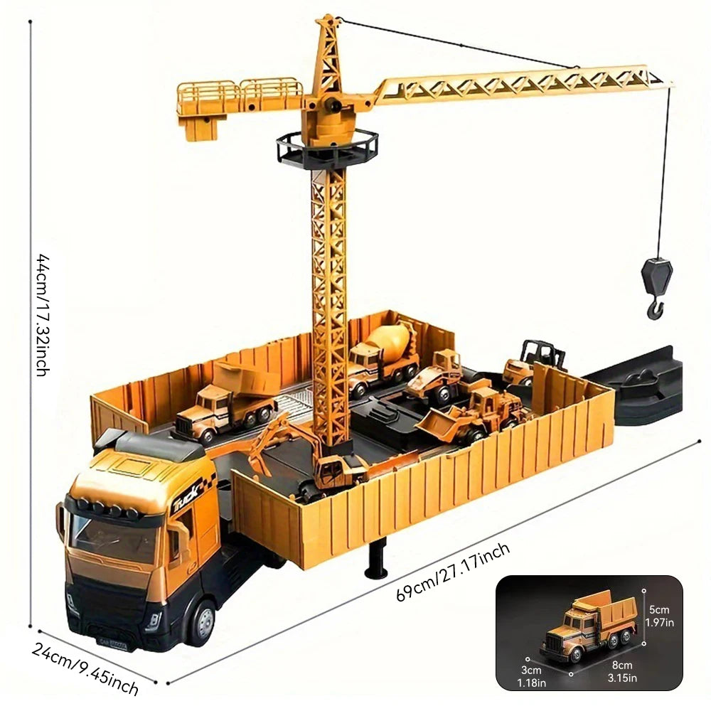 Alloy Engineering Container Truck Diecast Construction Vehicle Excavator Crane Bulldozer With 6 Mini Car Model Children Toy
