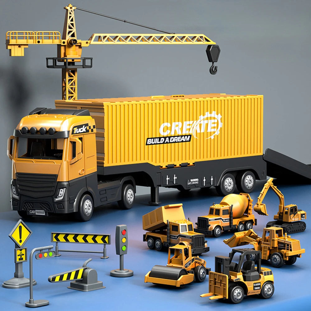 Alloy Engineering Container Truck Diecast Construction Vehicle Excavator Crane Bulldozer With 6 Mini Car Model Children Toy
