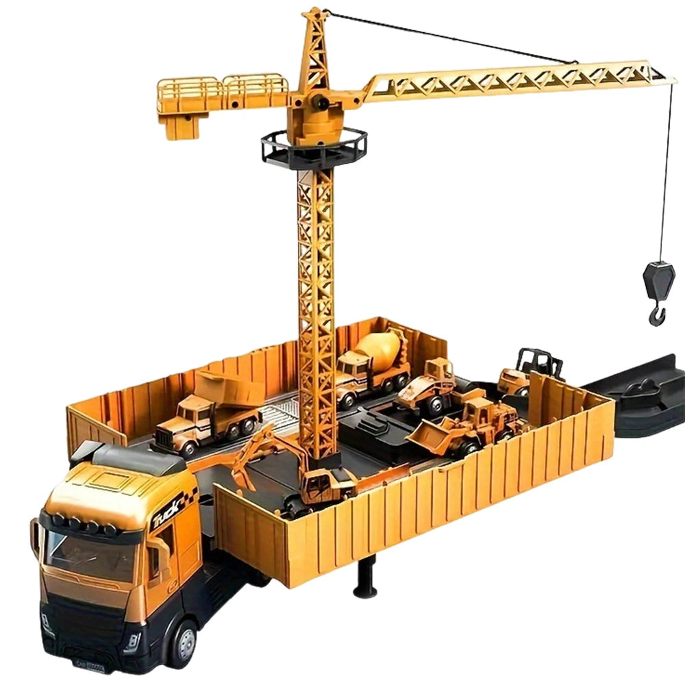 Alloy Engineering Container Truck Diecast Construction Vehicle Excavator Crane Bulldozer With 6 Mini Car Model Children Toy