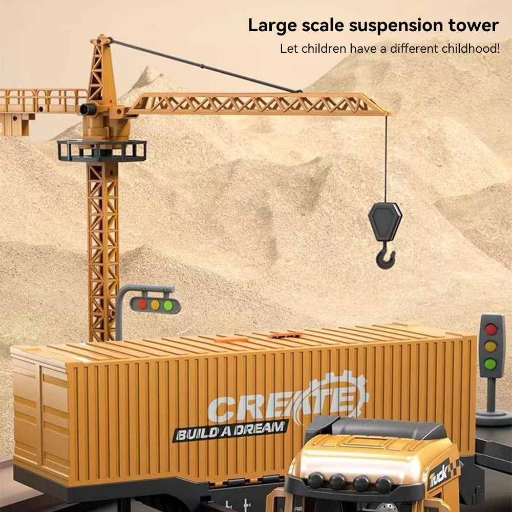 Alloy Engineering Container Truck Diecast Construction Vehicle Excavator Crane Bulldozer With 6 Mini Car Model Children Toy