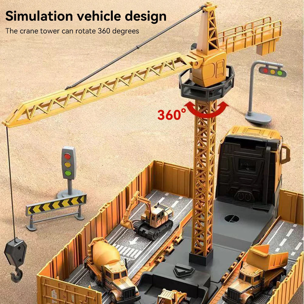 Alloy Engineering Container Truck Diecast Construction Vehicle Excavator Crane Bulldozer With 6 Mini Car Model Children Toy