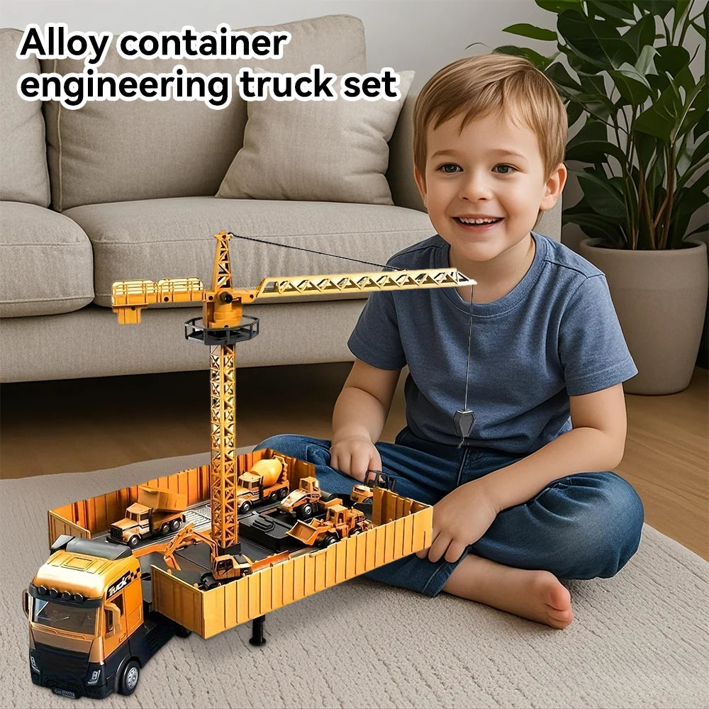 Alloy Engineering Container Truck Diecast Construction Vehicle Excavator Crane Bulldozer With 6 Mini Car Model Children Toy