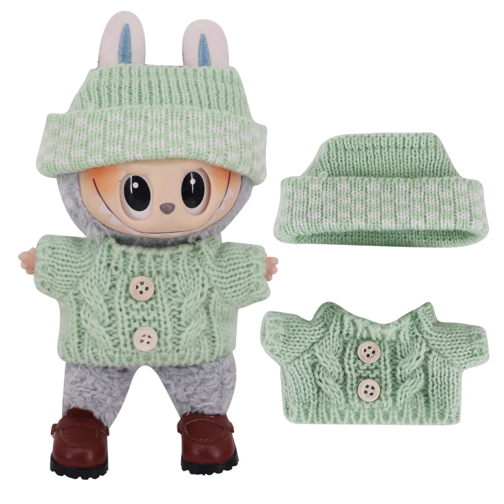 Doll Sweater+Woolen Hat For labubu 17cm Plush Doll Clothes Accessories Girl‘s Toys Birthday And Christmas Gift