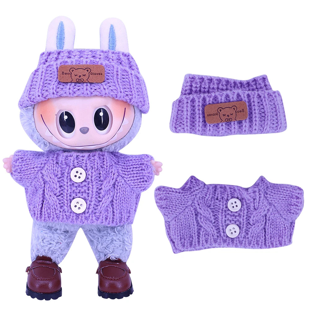 Doll Sweater+Woolen Hat For labubu 17cm Plush Doll Clothes Accessories Girl‘s Toys Birthday And Christmas Gift
