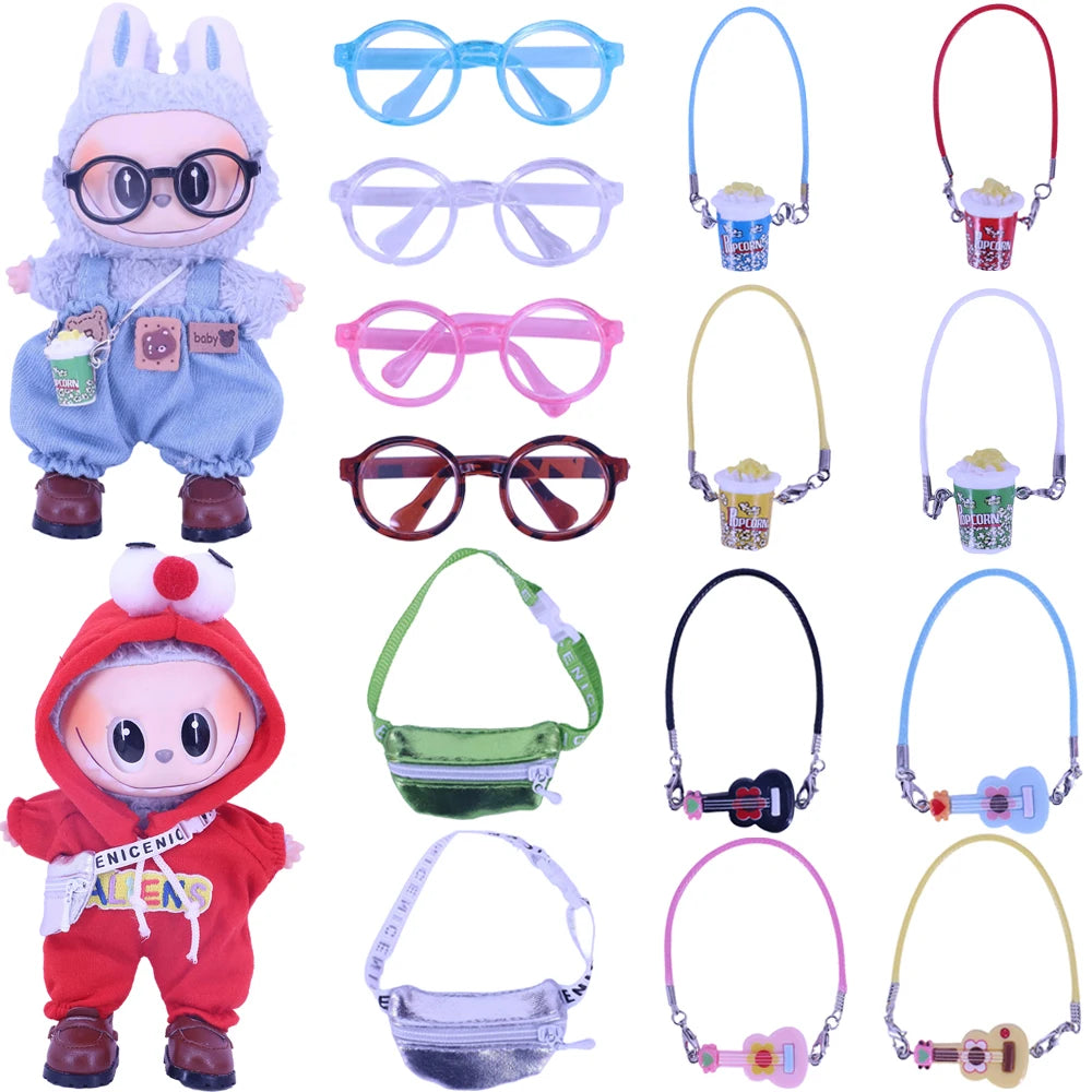 Mini Doll Accessories For Labubu Doll Glasses Mini Cartoon Model Guitar Popcorn Pendant Waist Bag Dollhouse Gift,Girl's Toy