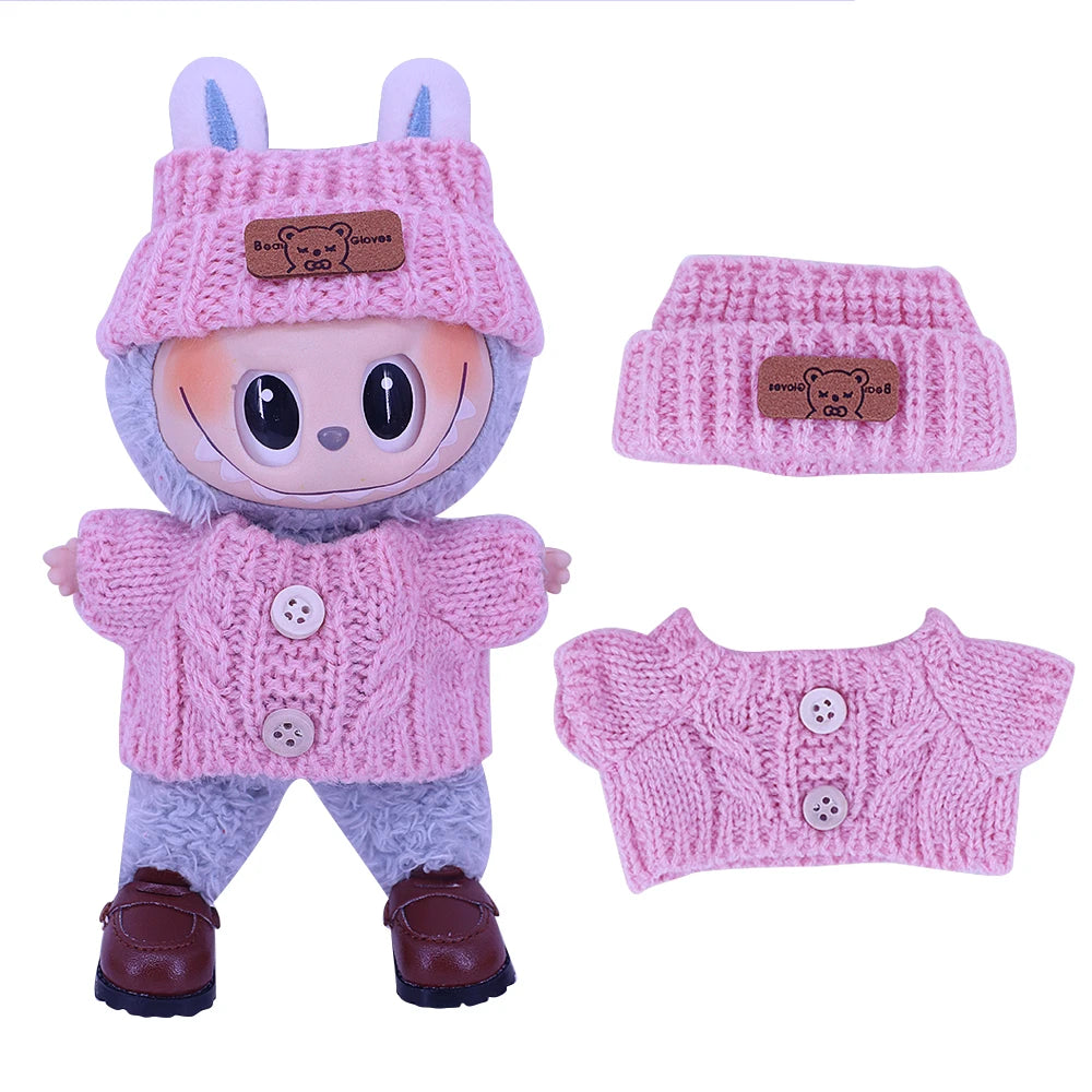 Doll Sweater+Woolen Hat For labubu 17cm Plush Doll Clothes Accessories Girl‘s Toys Birthday And Christmas Gift