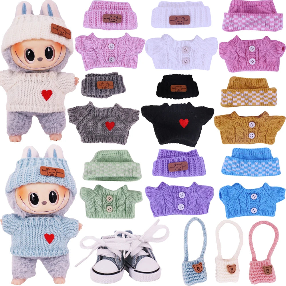 Doll Sweater+Woolen Hat For labubu 17cm Plush Doll Clothes Accessories Girl‘s Toys Birthday And Christmas Gift