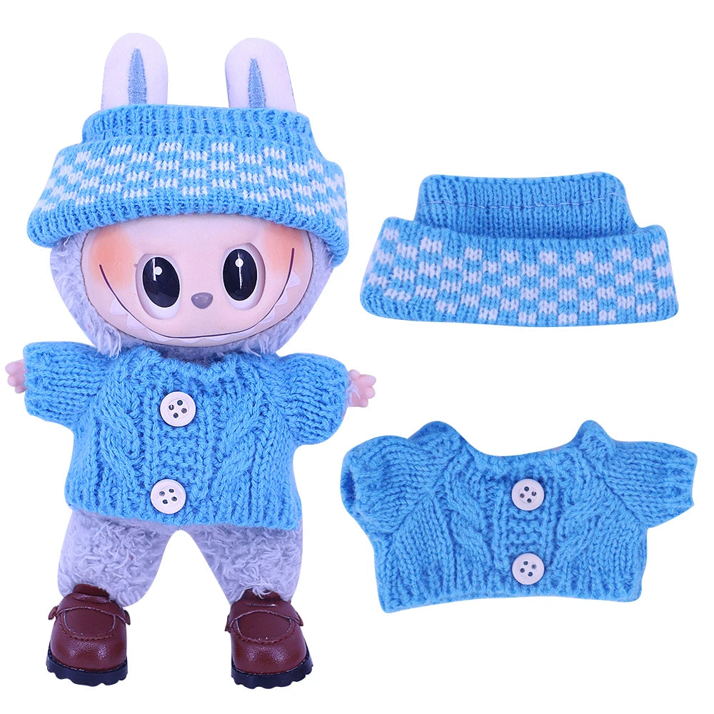 Doll Sweater+Woolen Hat For labubu 17cm Plush Doll Clothes Accessories Girl‘s Toys Birthday And Christmas Gift