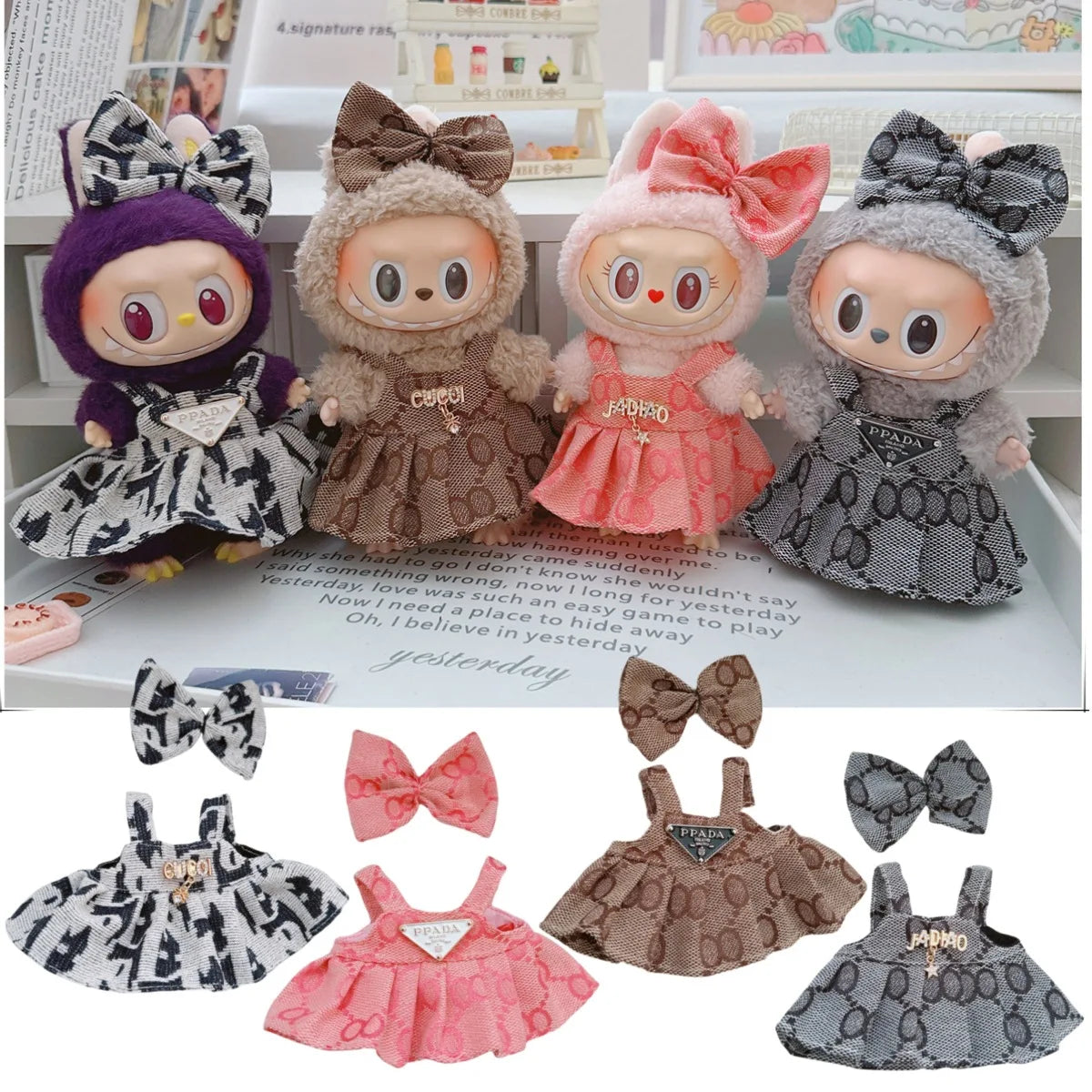 For 17cm Labubu Doll Clothes V1 V2 Doll Clothing Accessories Hat Overall Dress Shoes Bag Doll Accessories Sitting Party Game Toy