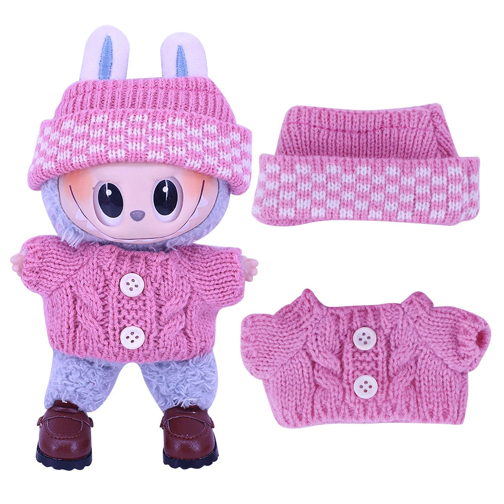 Doll Sweater+Woolen Hat For labubu 17cm Plush Doll Clothes Accessories Girl‘s Toys Birthday And Christmas Gift