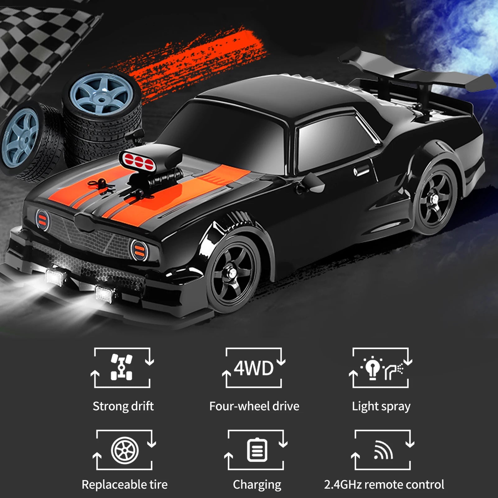Remote Control Drift Car 1/16 Remote Control Spray Car 2.4GHz 4WD Remote Control Race Car for Kids Boys Girls with LED Lights