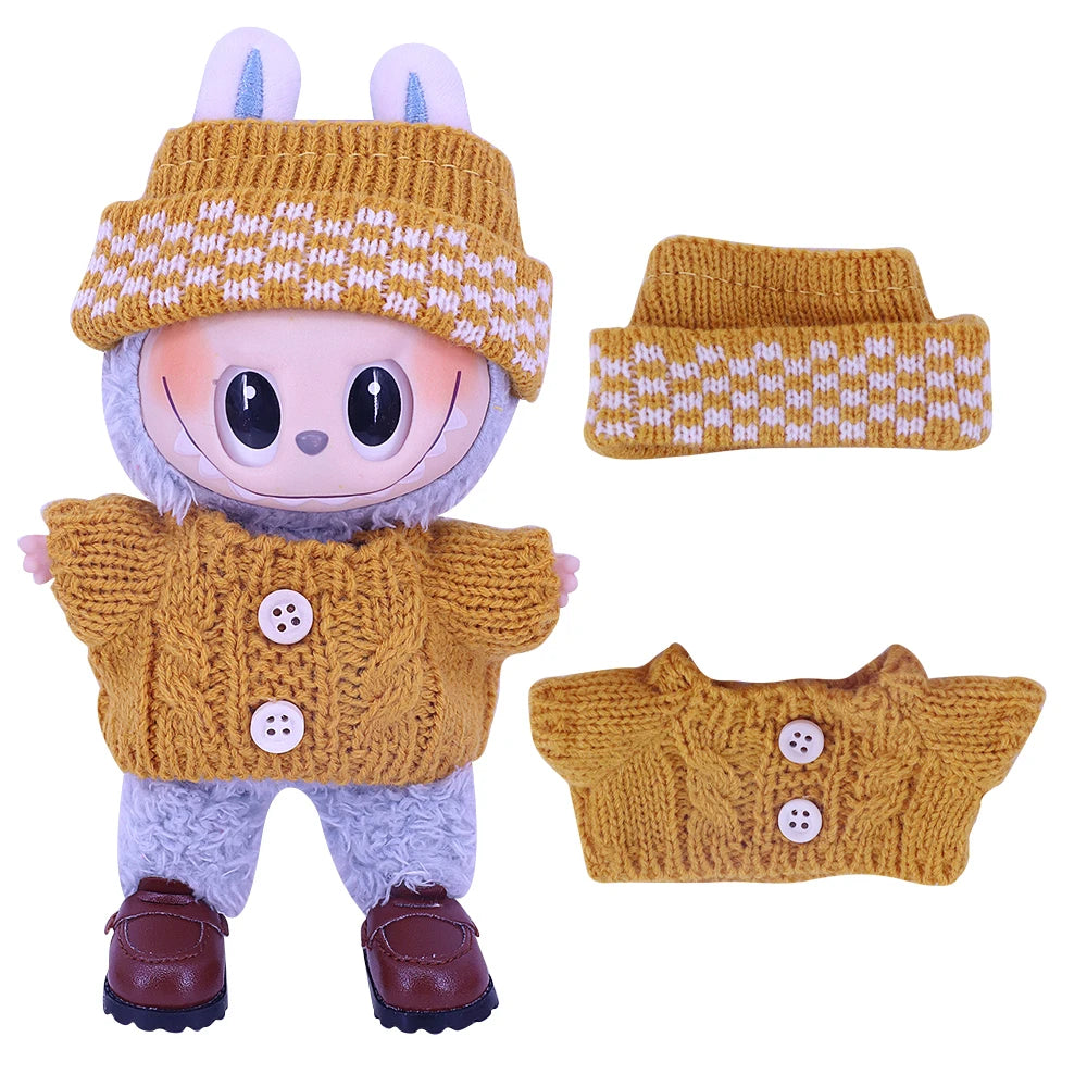 Doll Sweater+Woolen Hat For labubu 17cm Plush Doll Clothes Accessories Girl‘s Toys Birthday And Christmas Gift